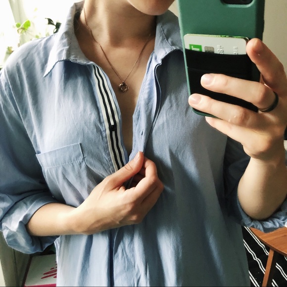 ZARA Blue Striped Button-Down Collared Dress with Leather Skirt - Picture 4 of 9